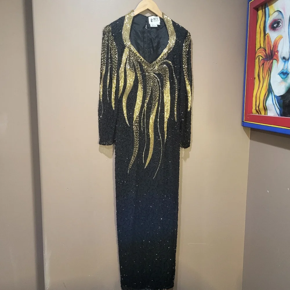 Vintage black & gold full length silk beaded formal gown - Picture 4 of 13